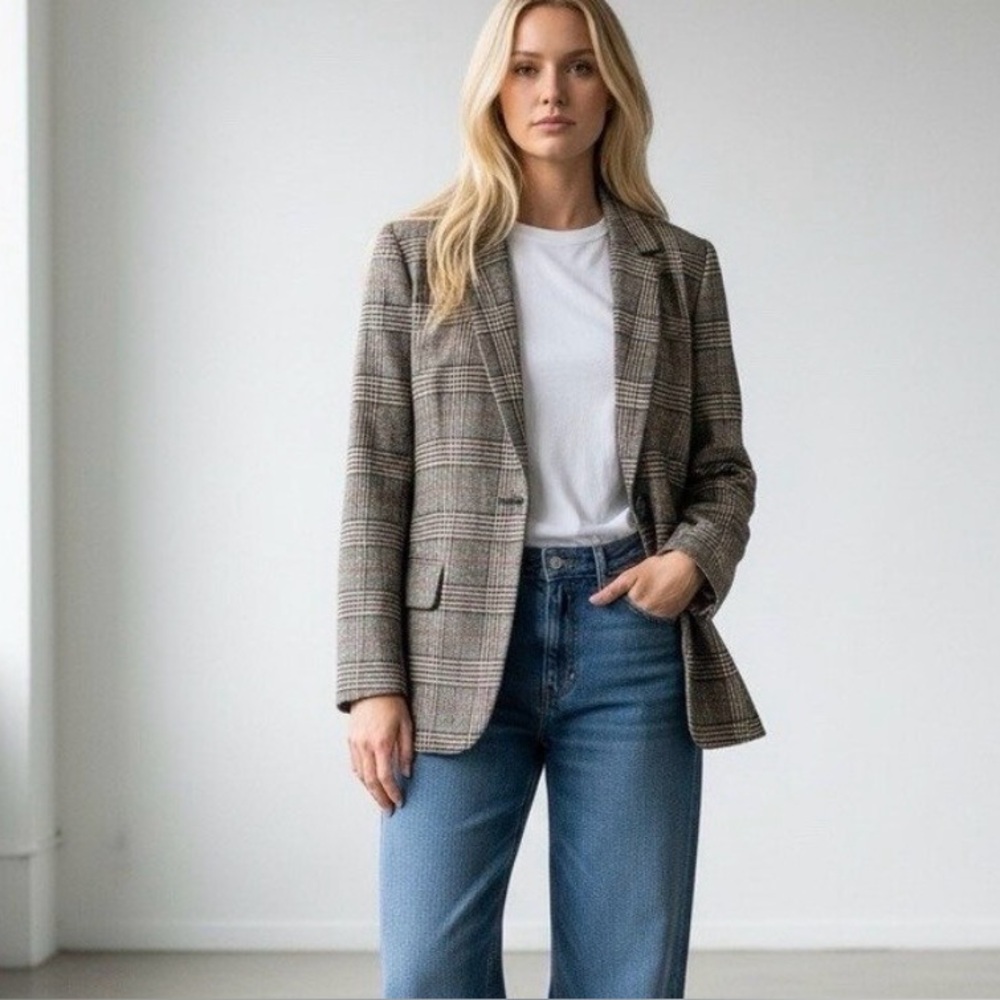 The Drop wool Blend oversized boyfriend plaid Blake blazer NWT G